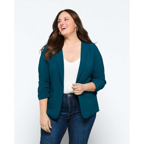 Skies Are Blue Raja Blazer Size 1X Teal Blue Curvy Stretch Work Career Jacket - Picture 1 of 13